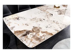 Mesa de comedor HEXA – Cerámica efecto piedra y metal negro – 160 cm – Estilo contemporáneo