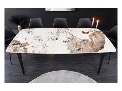Mesa de comedor HEXA – Cerámica efecto piedra y metal negro – 160 cm – Estilo contemporáneo