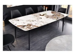 Mesa de comedor HEXA – Cerámica efecto piedra y metal negro – 160 cm – Estilo contemporáneo