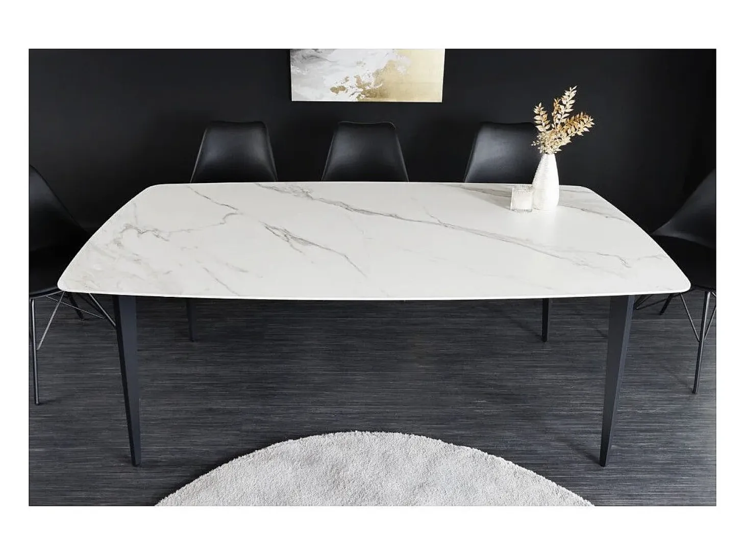 Mesa de comedor HEXA 180 cm – Tablero de cerámica efecto mármol blanco y estructura de metal negro