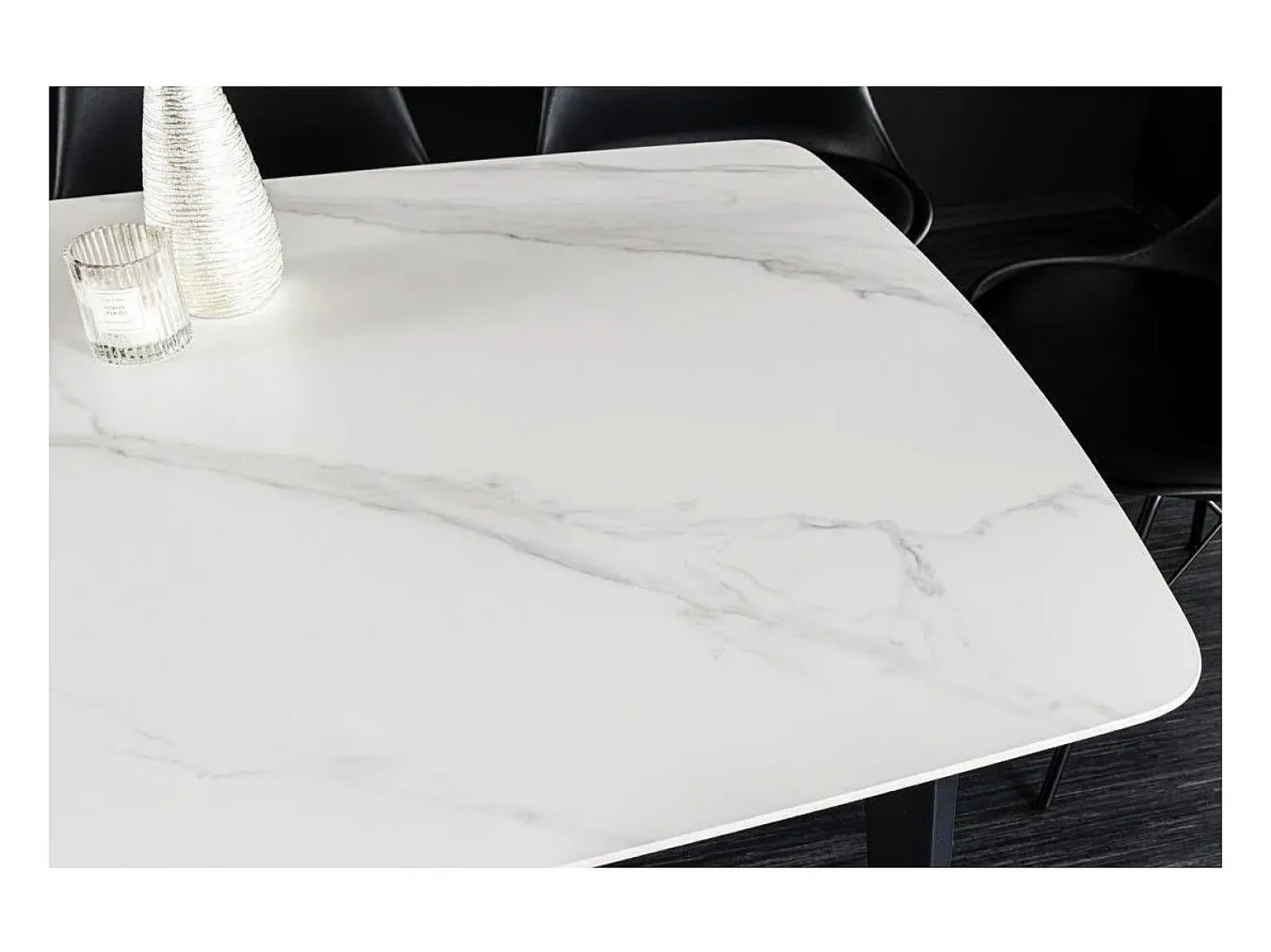 Mesa de comedor HEXA 180 cm – Tablero de cerámica efecto mármol blanco y estructura de metal negro