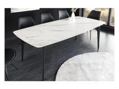 Mesa de comedor HEXA 180 cm – Tablero de cerámica efecto mármol blanco y estructura de metal negro