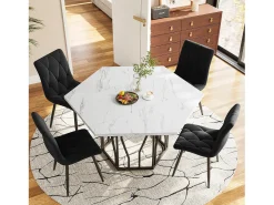 Mesa de comedor hexagonal para 4-6 personas - patas de metal negro - blanco (115,5 x 115,5 x 75 cm)