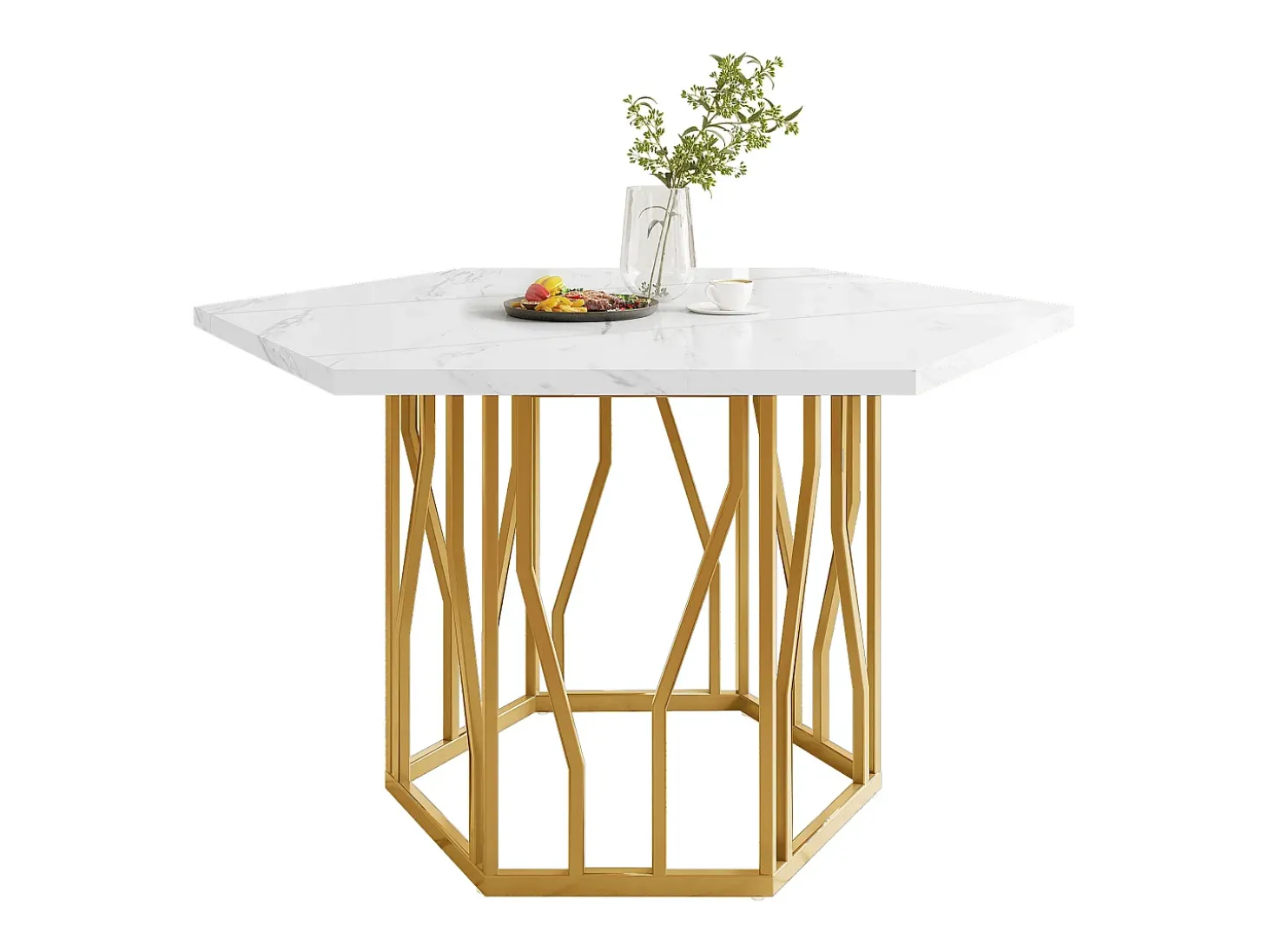 Mesa de comedor hexagonal para 4 personas, tablero chapado en mármol blanco con patas de metal dorado - 115,5x100x75cm