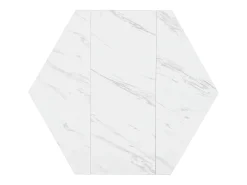 Mesa de comedor hexagonal para 4 personas, tablero chapado en mármol blanco con patas de metal dorado - 115,5x100x75cm
