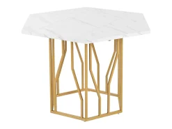 Mesa de comedor hexagonal para 4 personas, tablero chapado en mármol blanco con patas de metal dorado - 115,5x100x75cm
