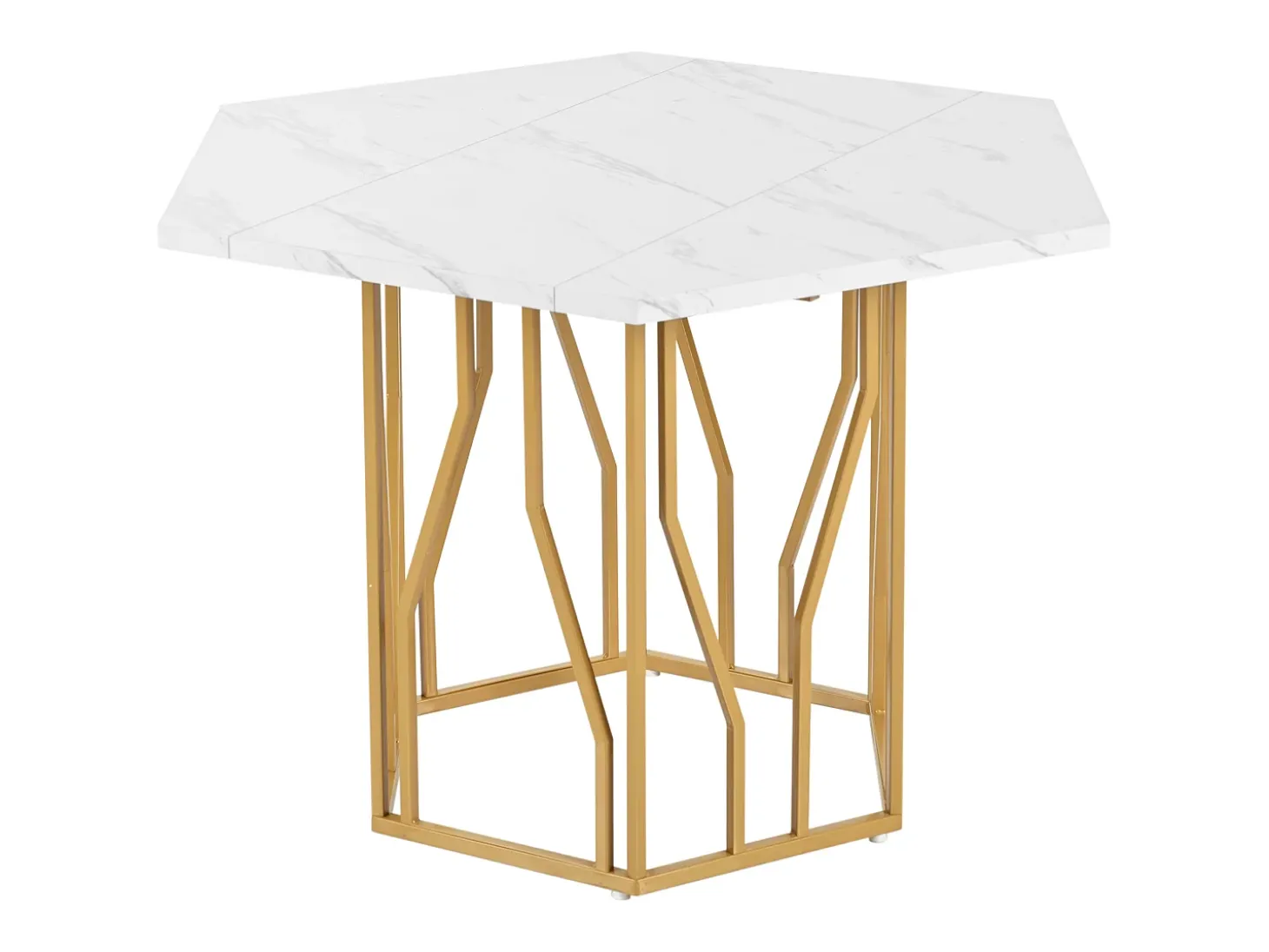 Mesa de comedor hexagonal para 4 personas, tablero chapado en mármol blanco con patas de metal dorado - 115,5x100x75cm