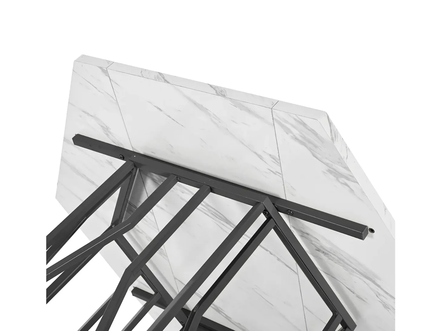 Mesa de comedor hexagonal moderna, soporte de metal, tapa con diseño de mármol, Blanco