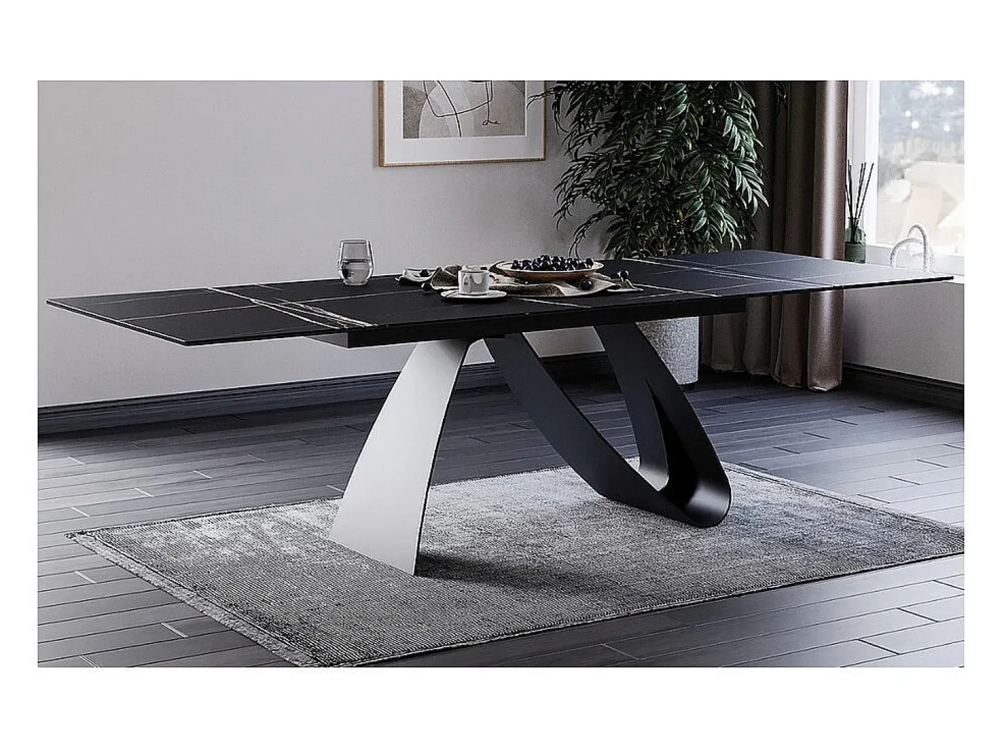 Mesa de comedor Justine de cerámica negra y cristal templado