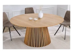 Mesa de comedor KANOVA 120 cm – Tablero redondo de roble claro y pie central de diseño – Estilo contemporáneo