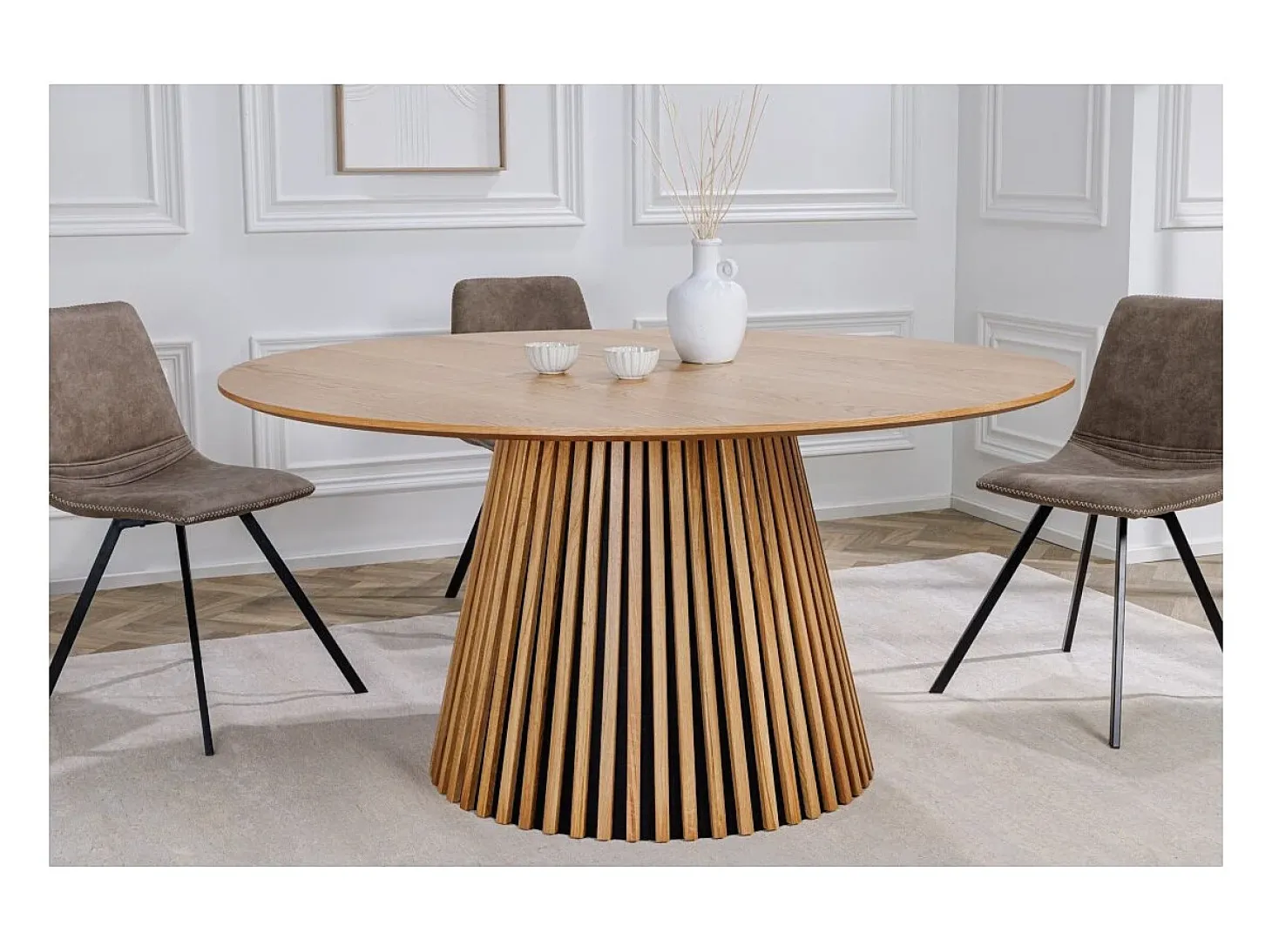 Mesa de comedor KANOVA 120 cm – Tablero redondo de roble claro y pie central de diseño – Estilo contemporáneo