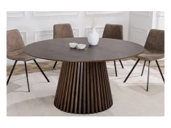 Mesa de comedor KANOVA 120 cm – Tablero redondo de roble oscuro y pie central de diseño – Estilo contemporáneo