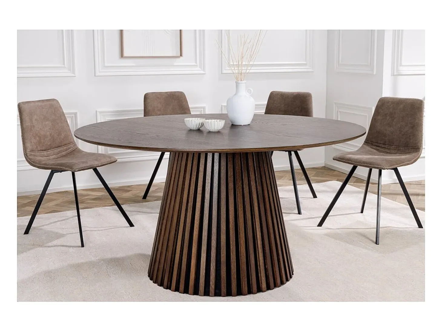 Mesa de comedor KANOVA 120 cm – Tablero redondo de roble oscuro y pie central de diseño – Estilo contemporáneo