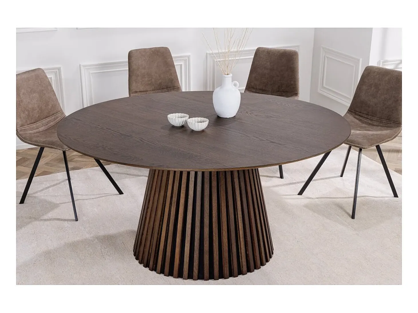 Mesa de comedor KANOVA 120 cm – Tablero redondo de roble oscuro y pie central de diseño – Estilo contemporáneo