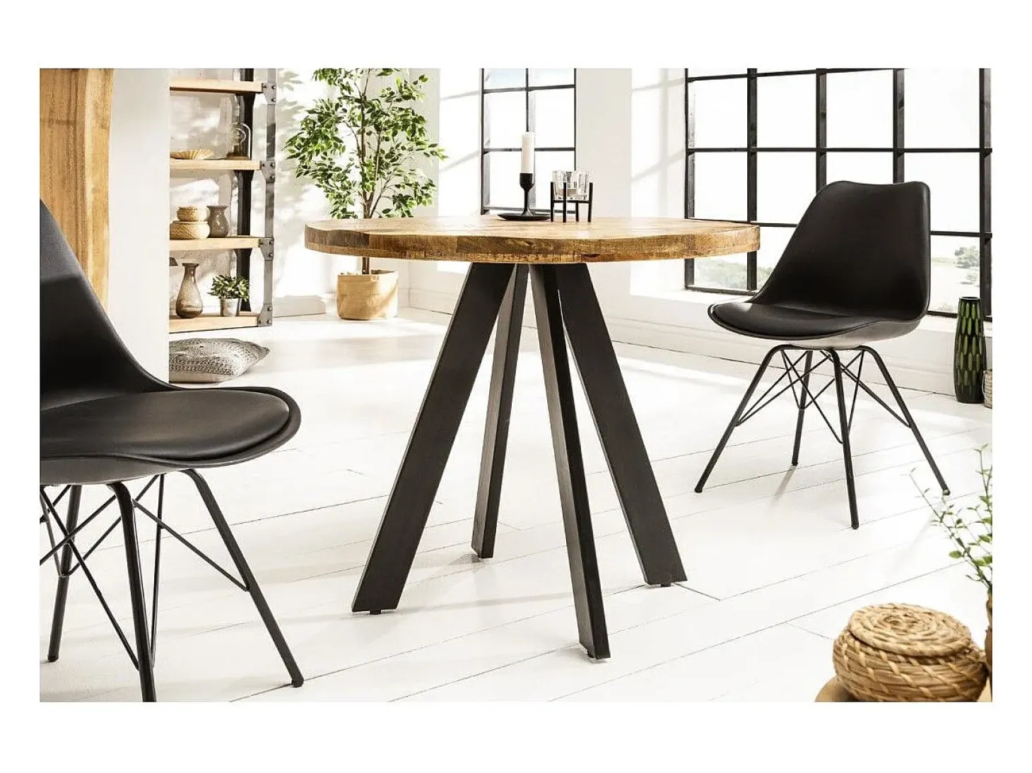 Mesa de comedor LODEN 80 cm – Tablero redondo de madera maciza de mango y estructura de metal negro