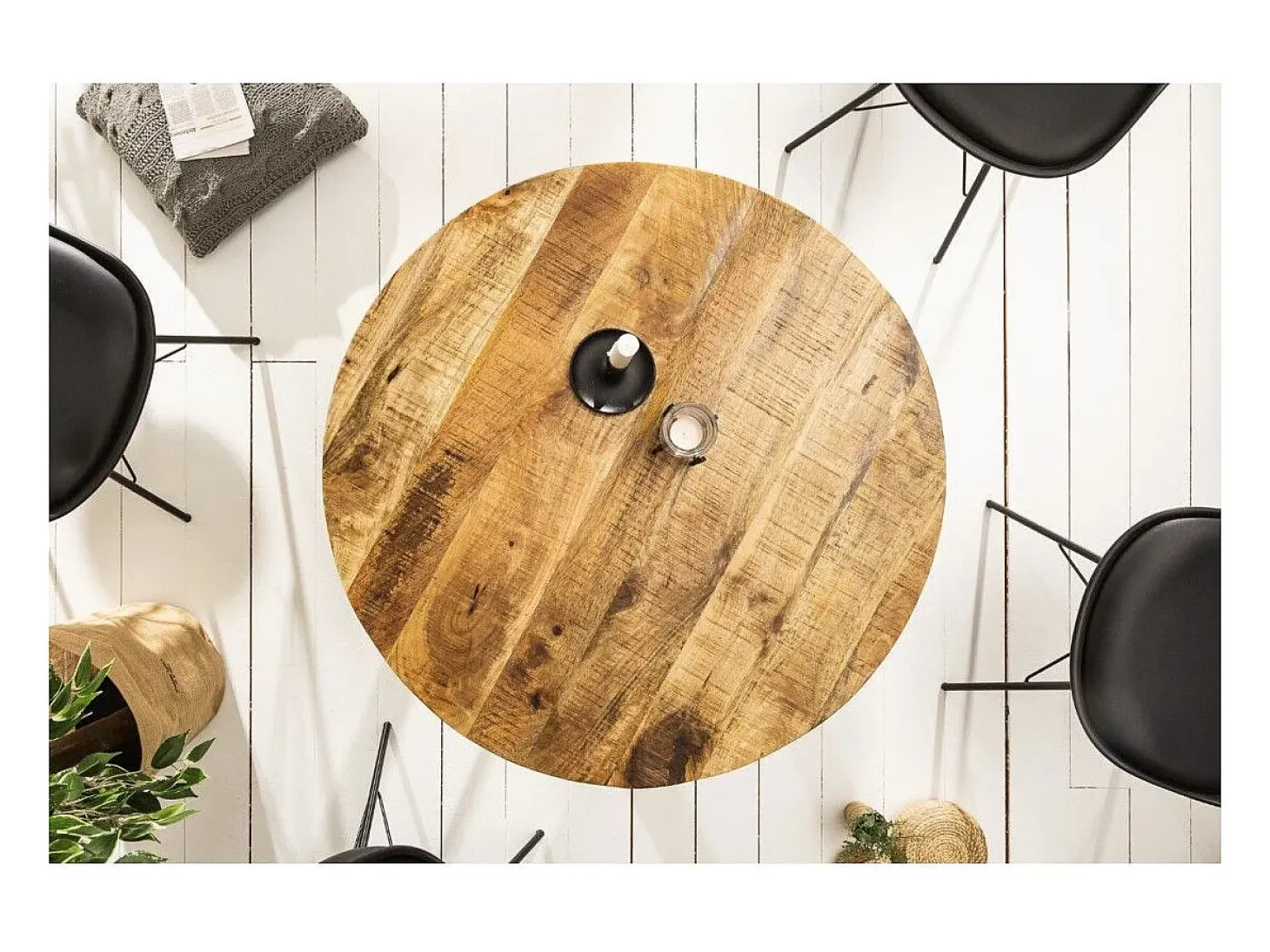 Mesa de comedor LODEN 80 cm – Tablero redondo de madera maciza de mango y estructura de metal negro