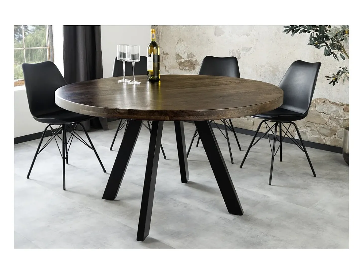 Mesa de comedor LODEN redonda 120 cm – Mesa industrial de madera maciza de mango y metal