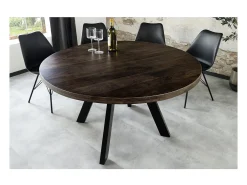 Mesa de comedor LODEN redonda 120 cm – Mesa industrial de madera maciza de mango y metal