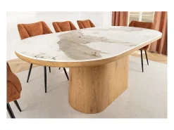 Mesa de comedor LUMEA – Ovalada 200 cm – Efecto mármol blanco – Pie ancho – Estilo contemporáneo