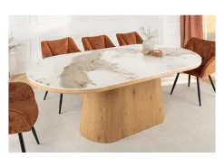 Mesa de comedor LUMEA – Ovalada 200 cm – Efecto mármol blanco – Pie ancho – Estilo contemporáneo