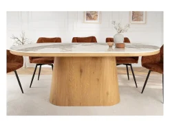 Mesa de comedor LUMEA – Ovalada 200 cm – Efecto mármol blanco – Pie ancho – Estilo contemporáneo
