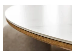 Mesa de comedor LUMEA – Redonda 120 cm – Tablero de cerámica efecto mármol blanco y pie de nogal – Estilo contemporáneo
