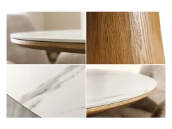 Mesa de comedor LUMEA – Redonda 120 cm – Tablero de cerámica efecto mármol blanco y pie de nogal – Estilo contemporáneo