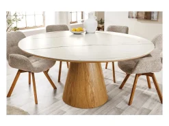 Mesa de comedor LUMEA – Redonda 120 cm – Tablero de cerámica efecto mármol blanco y pie de nogal – Estilo contemporáneo