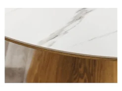 Mesa de comedor LUMEA – Redonda 120 cm – Tablero de cerámica efecto mármol blanco y pie de nogal – Estilo contemporáneo