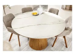 Mesa de comedor LUMEA – Redonda 120 cm – Tablero de cerámica efecto mármol blanco y pie de nogal – Estilo contemporáneo