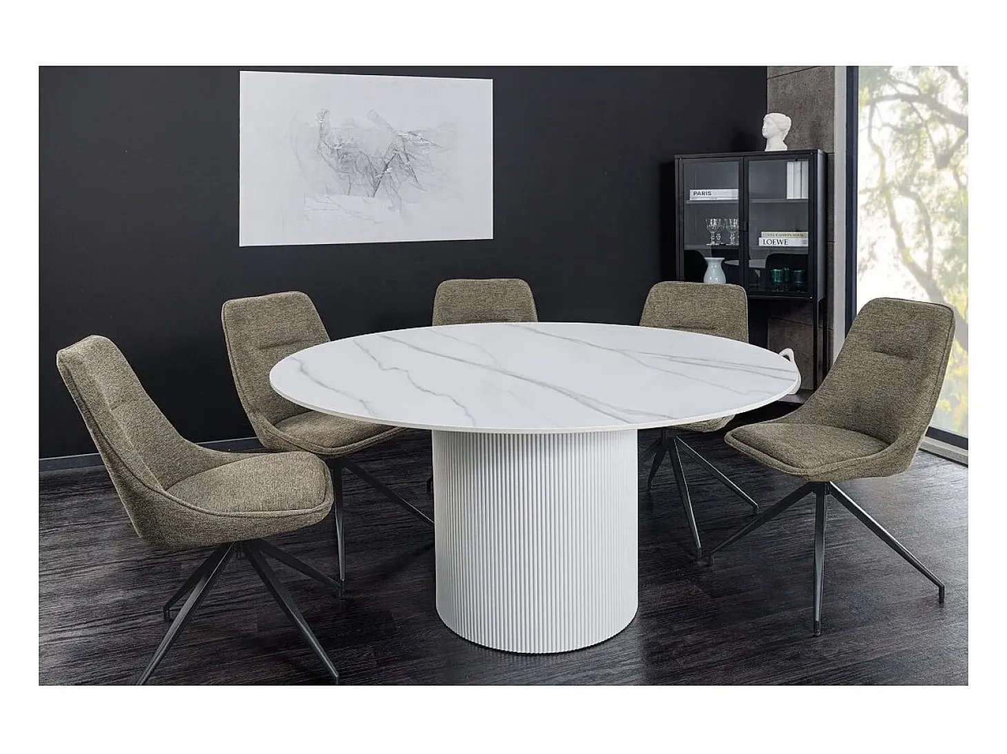 Mesa de comedor LUMEA – Redonda 120 cm – Efecto mármol blanco – Pie central ancho – Estilo contemporáneo