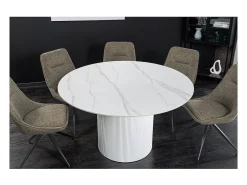 Mesa de comedor LUMEA – Redonda 120 cm – Efecto mármol blanco – Pie central ancho – Estilo contemporáneo