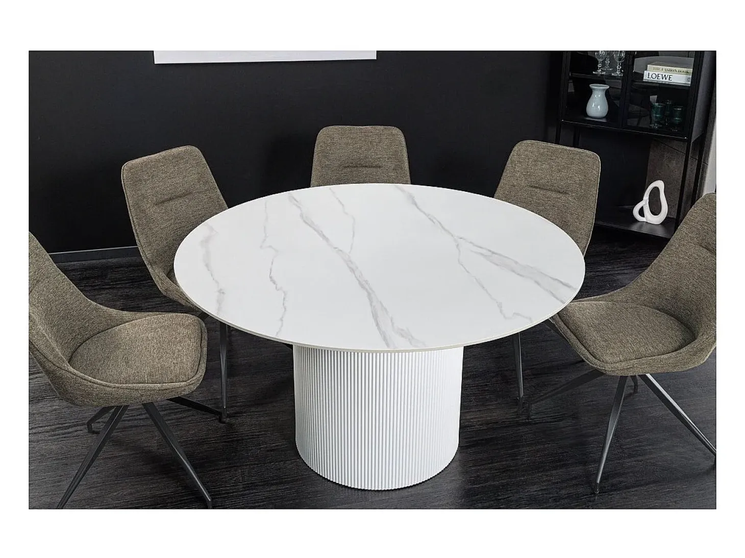 Mesa de comedor LUMEA – Redonda 120 cm – Efecto mármol blanco – Pie central ancho – Estilo contemporáneo
