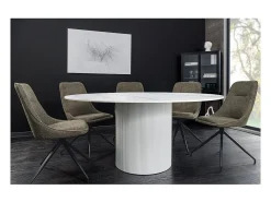 Mesa de comedor LUMEA – Redonda 120 cm – Efecto mármol blanco – Pie central ancho – Estilo contemporáneo
