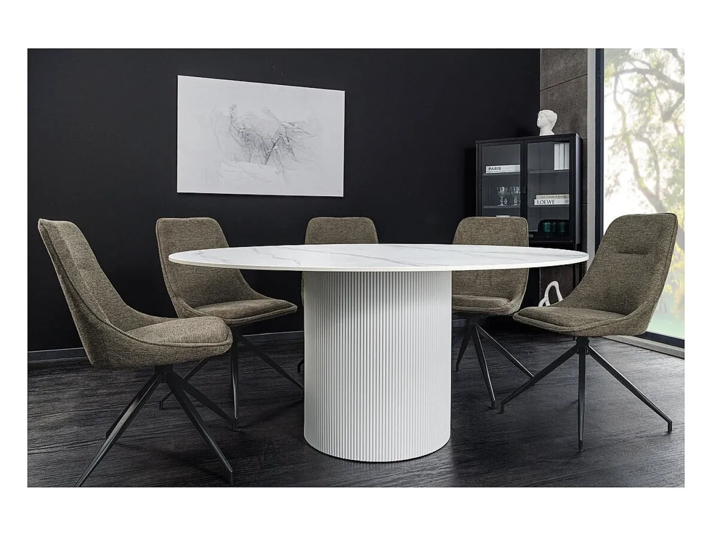 Mesa de comedor LUMEA – Redonda 120 cm – Efecto mármol blanco – Pie central ancho – Estilo contemporáneo