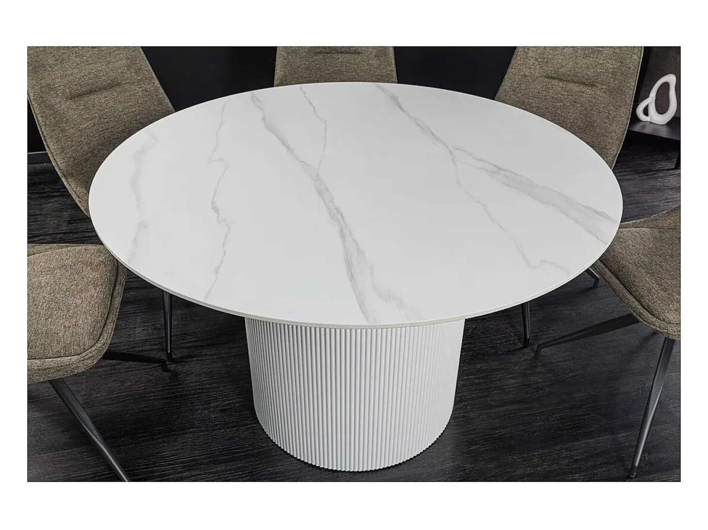 Mesa de comedor LUMEA – Redonda 120 cm – Efecto mármol blanco – Pie central ancho – Estilo contemporáneo