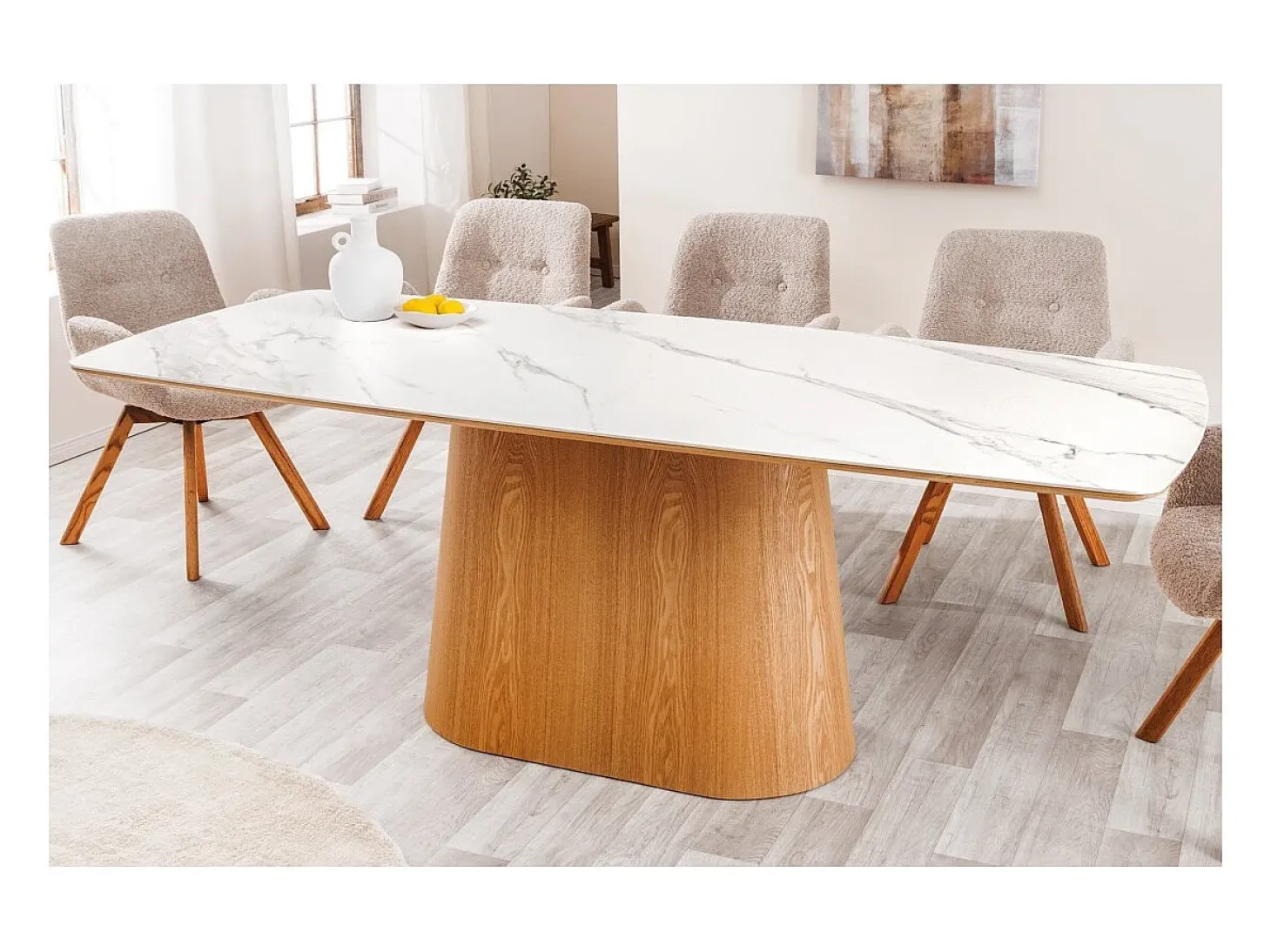 Mesa de comedor LUMEA – Rectangular 200 cm – Tablero cerámico efecto mármol blanco y pata aspecto madera clara