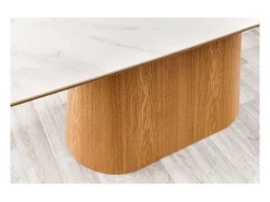 Mesa de comedor LUMEA – Rectangular 200 cm – Tablero cerámico efecto mármol blanco y pata aspecto madera clara
