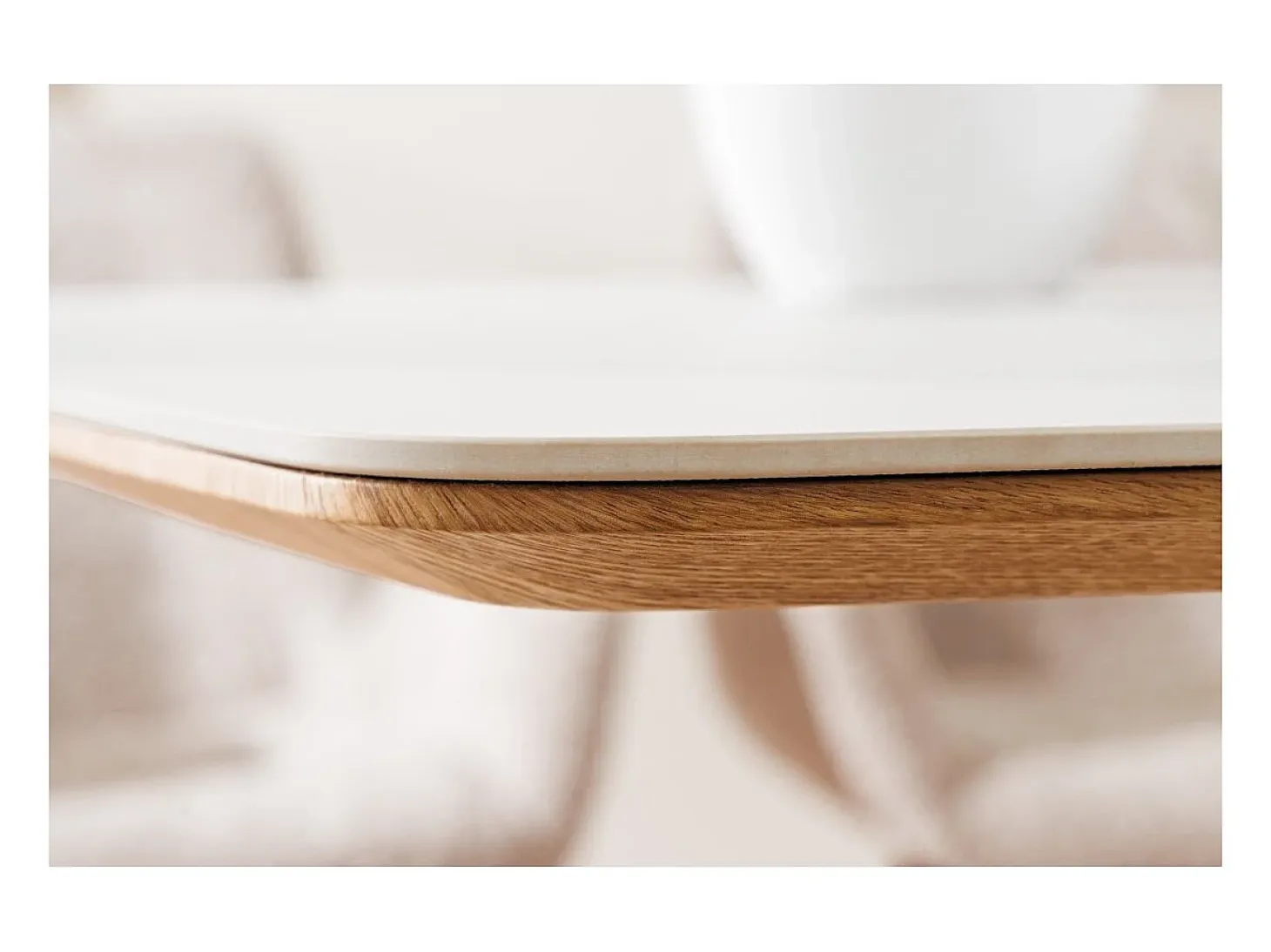 Mesa de comedor LUMEA – Rectangular 200 cm – Tablero cerámico efecto mármol blanco y pata aspecto madera clara