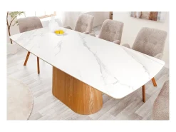 Mesa de comedor LUMEA – Rectangular 200 cm – Tablero cerámico efecto mármol blanco y pata aspecto madera clara