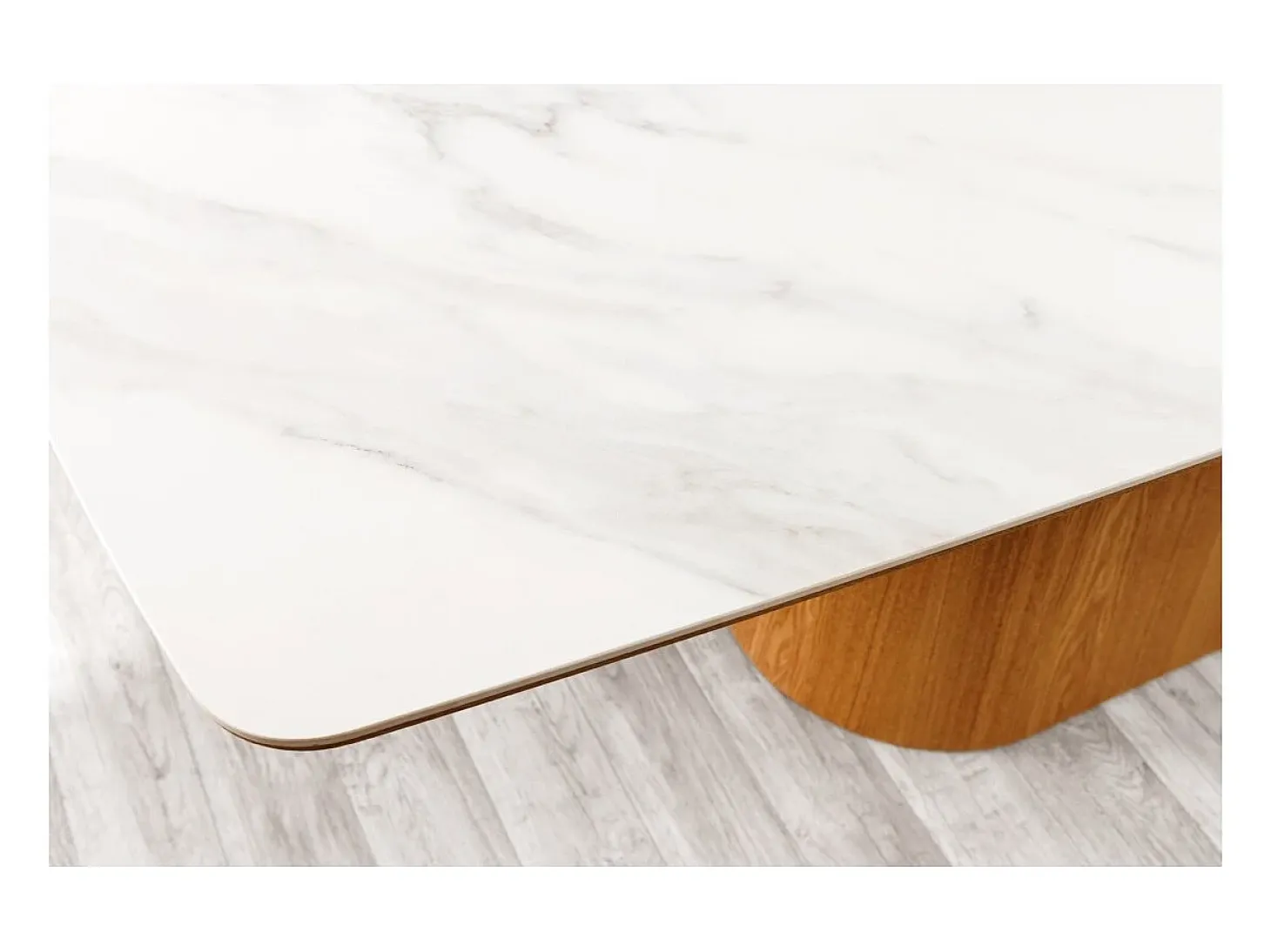 Mesa de comedor LUMEA – Rectangular 200 cm – Tablero cerámico efecto mármol blanco y pata aspecto madera clara