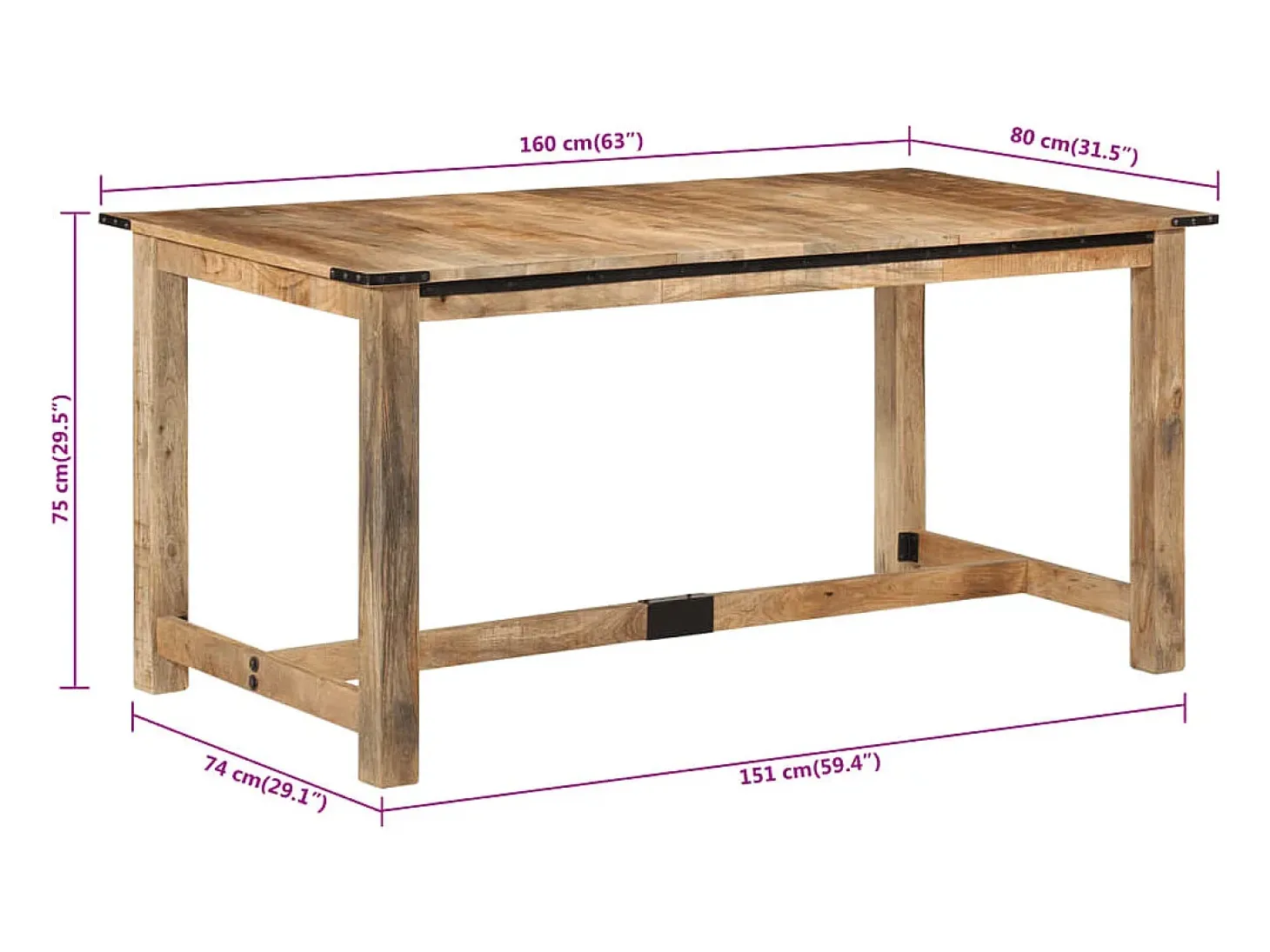 Mesa de comedor madera maciza de mango 160x80x75 cm
