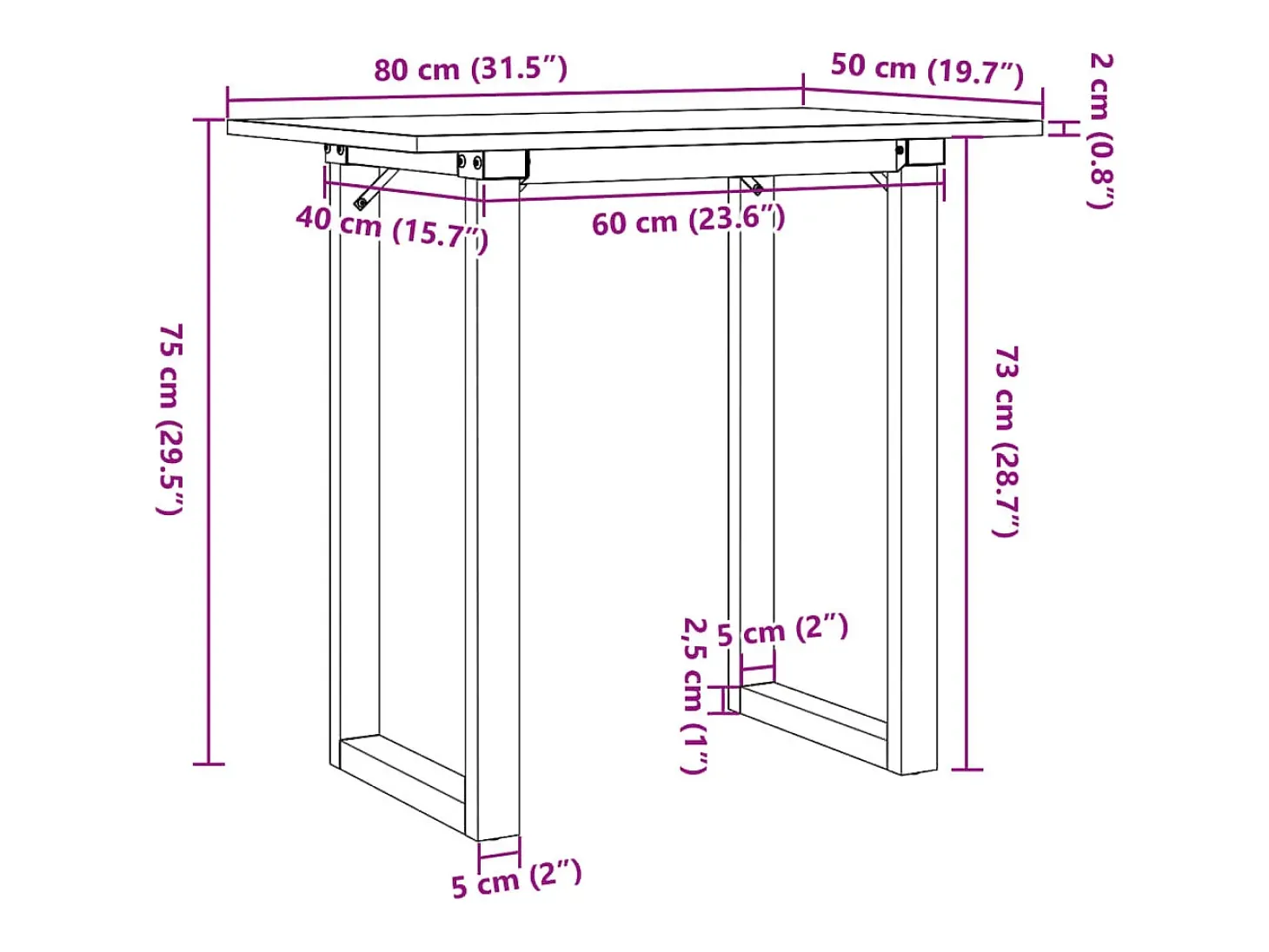 Mesa de comedor marco O madera maciza pino y acero 80x50x75 cm