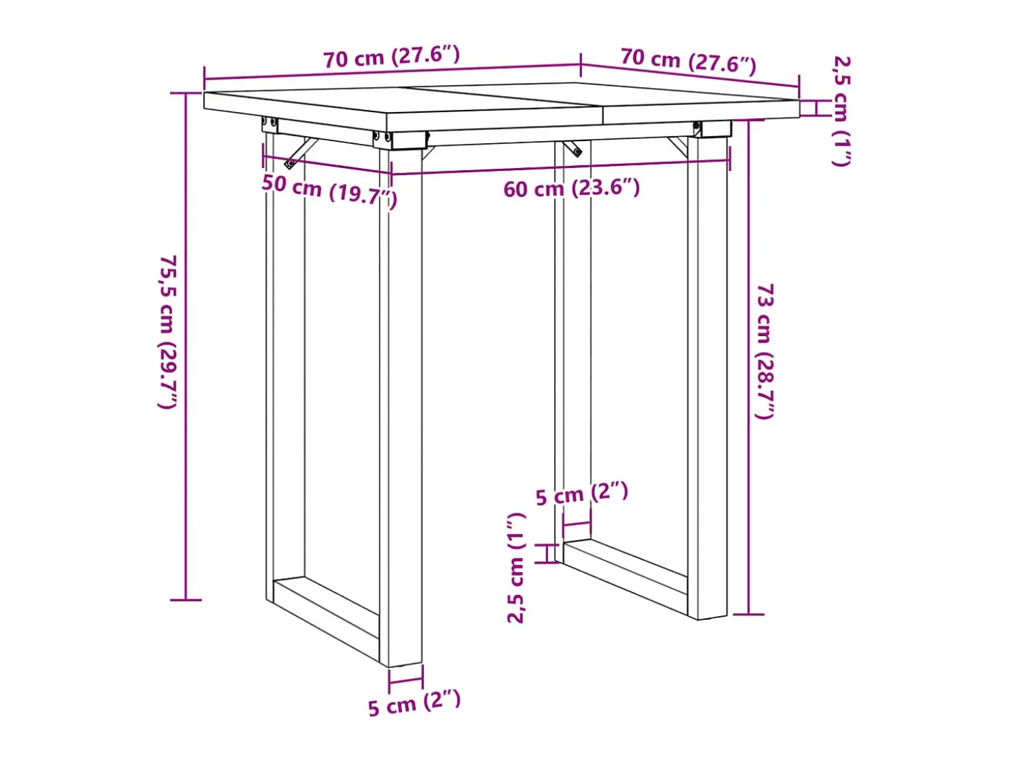 Mesa de comedor marco O madera maciza pino y acero 70x70x75,5cm