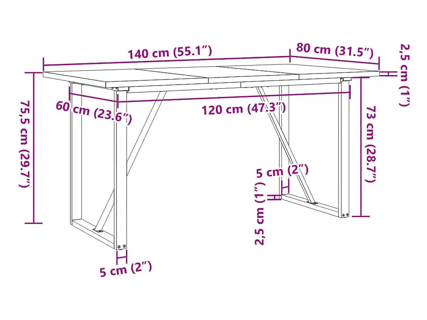 Mesa de comedor marco O madera maciza pino acero 140x80x75,5 cm