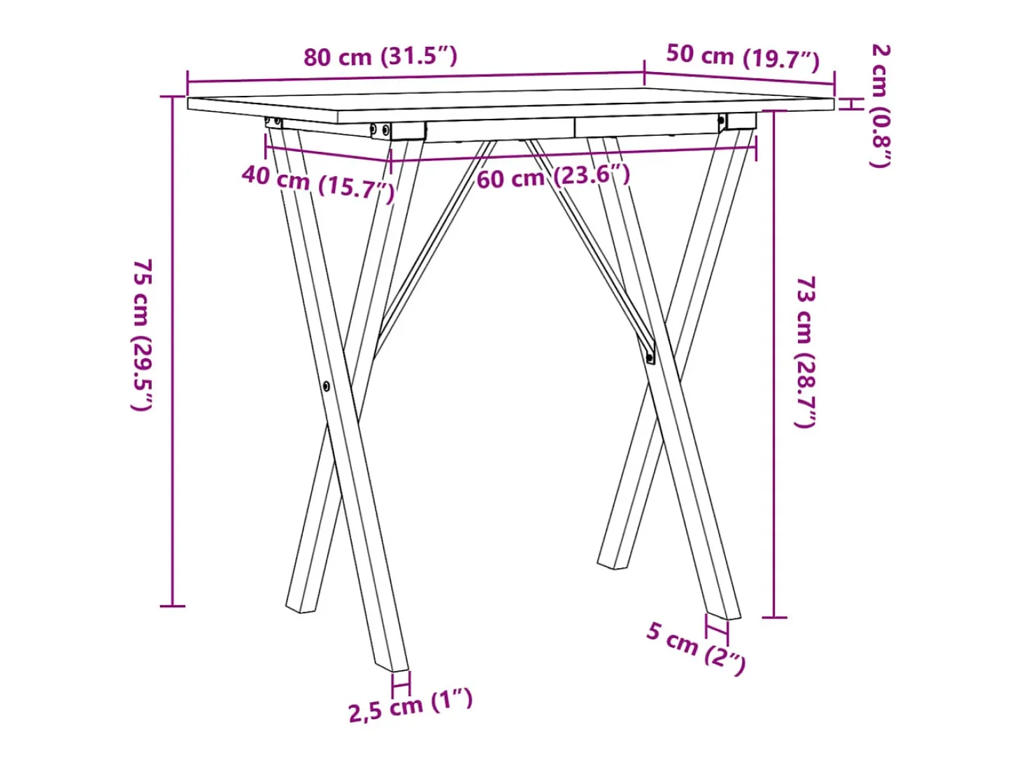Mesa de comedor marco X madera maciza pino y acero 80x50x75 cm