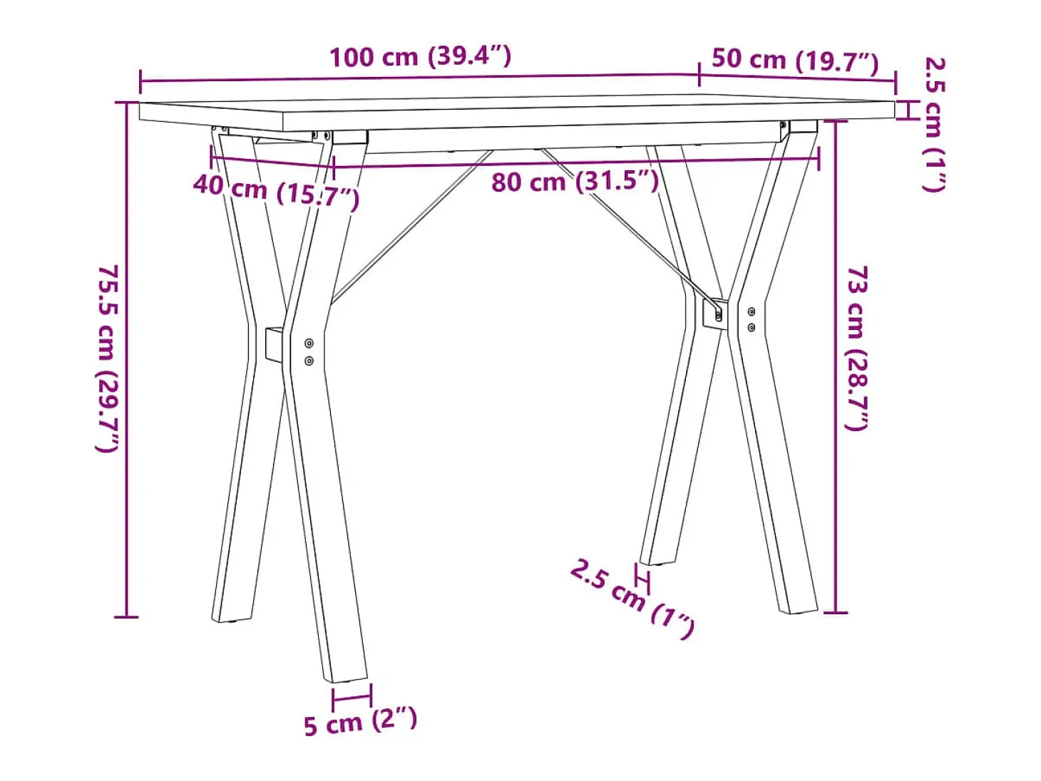 Mesa de comedor marco Y madera maciza pino acero 100x50x75,5 cm