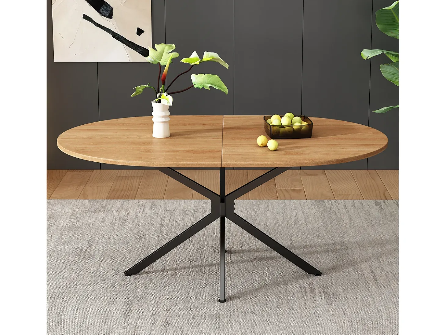Mesa de comedor moderna, diseño limpio, MDF, color natural, con patas de metal, ovalada, para 4-6 personas (L120 x P80 x H75,5 cm)