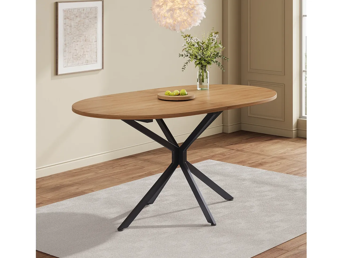 Mesa de comedor moderna, diseño limpio, MDF, color natural, con patas de metal, ovalada, para 4-6 personas (L120 x P80 x H75,5 cm)