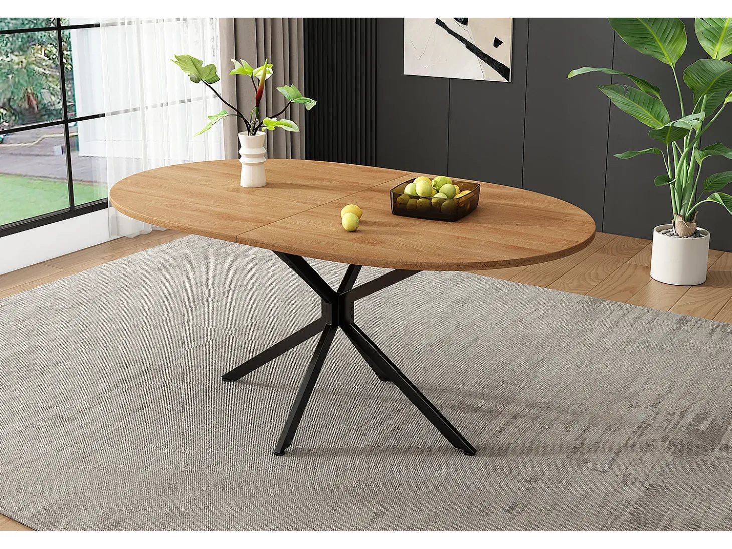Mesa de comedor moderna, diseño limpio, MDF, color natural, con patas de metal, ovalada, para 4-6 personas (L120 x P80 x H75,5 cm)